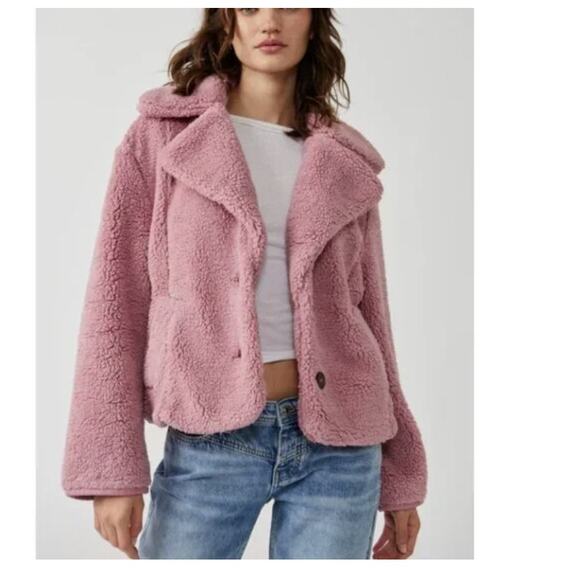 Free People Joplin Jacket Womens Large Smoked Pink Faux Fur Slouchy Teddy *FLAW - Picture 1 of 10